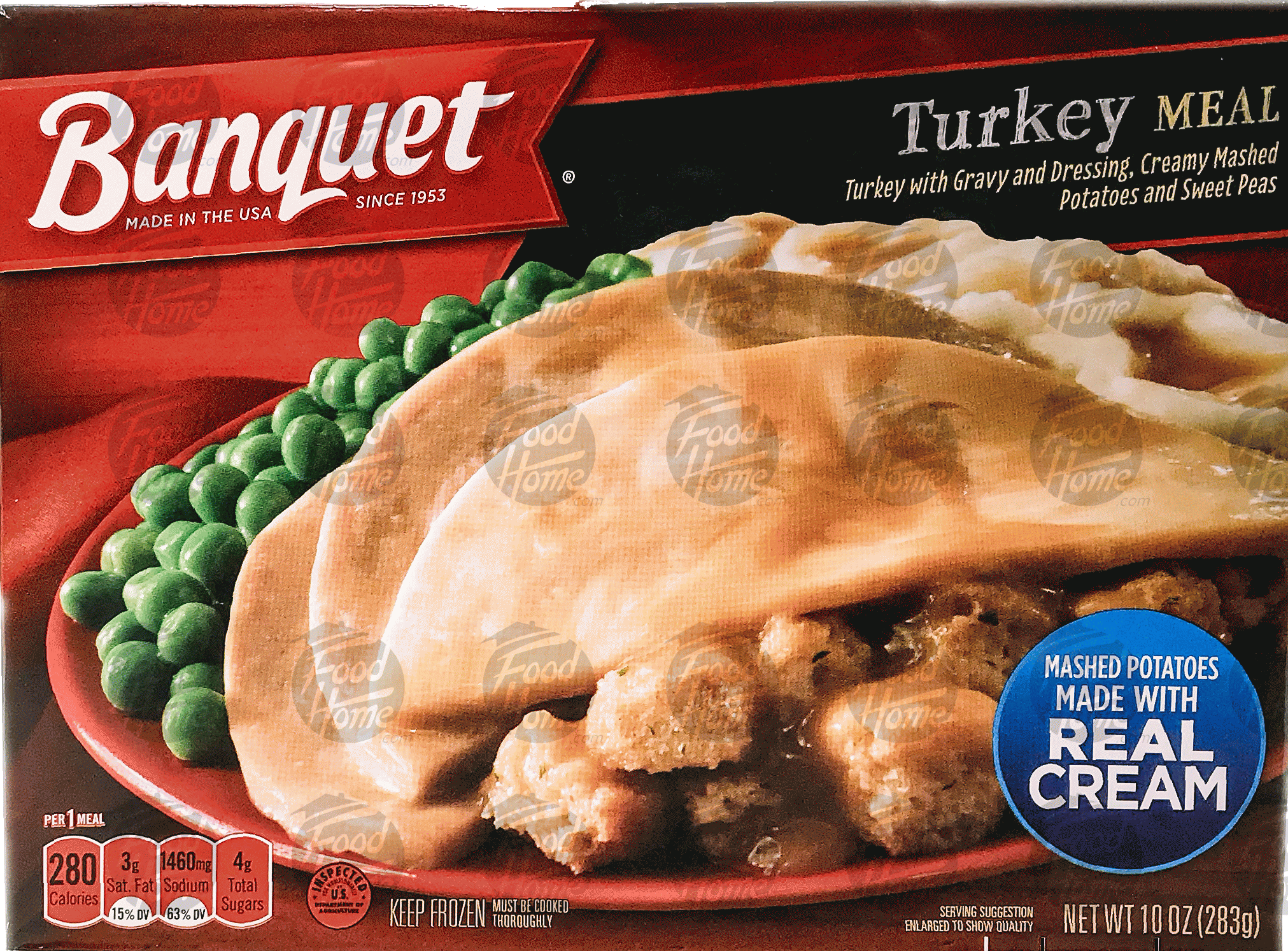 Banquet  turkey meal; with gravy and dressing, creamy mashed potatoes and sweet peas Full-Size Picture